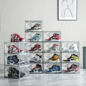 Hot sell PET material stackable shoe sneaker storage box plastic rectangle boxes with diamond surface