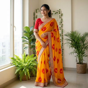 Yellow <b>Red</b> Embroidered Chiffon <b>Saree</b> with Traditional Design for Women Regular Fit for Weddings/Parties - Product Image 1