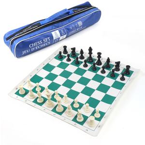 Travelling plastic chess set 3.75 inch king height with roll up pu chess board blue canvas bag from factory for board game