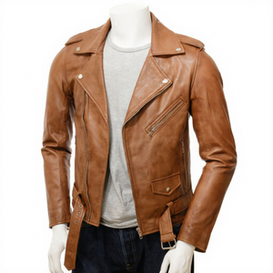 Chaqueta de Cuero Genuino Marrón para Hombre, Estilo Motero, con Cremallera Asimétrica, Solapa, Cinturón en la Cintura, Bolsillos con Cremallera, Prenda Exterior Clásica Personalizada - Product Image 1