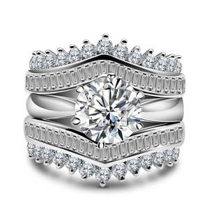 Оптовая продажа, роскошные свадебные украшения из стерлингового серебра 925 пробы, набор из 3 предметов, набор свадебных колец, Овальный центральный камень, двойные кольца из гало и муассанита - Product Image 1