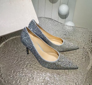 JIM style silver glitter gradient <b>sequin</b> pointed-toe low-heeled high-heeled women's shoes for wedding brides with crystal - Product Image 1