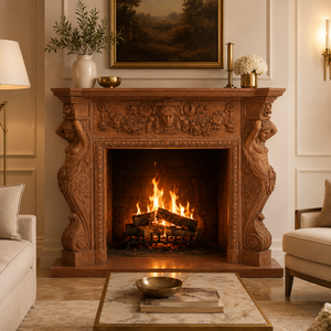 Cheminée traditionnelle en marbre avec sculptures ornées, en pierre rouge coucher de soleil, foyer intérieur à bois pour salle à manger - Product Image 2