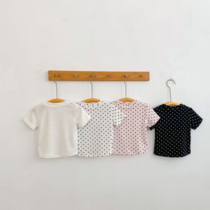 <span class=keywords><strong>Camiseta</strong></span> de Verano para Niña, Color Sólido con Puntos, <span class=keywords><strong>Manga</strong></span> <span class=keywords><strong>Corta</strong></span>, Lazo y Ribetes - Product Image 4