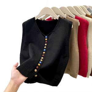 Personalized Rainbow Button Knit Crew Neck <b>Vest</b> <b>Women</b> Spring Autumn <b>Loose</b> Fashionable Layered Sweater Gilet <b>Top</b> - Product Image 6