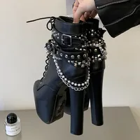 Bottes pour femmes à plateforme et talon épais, avec boucle de ceinture en chaîne argentée, à lacets, antidérapantes, pour la soirée