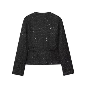 Fall Women's Clothing - Metallic Buckle, Coarse Wool, <b>Sequined</b> Trim, Round Neck, Long Sleeve, Short Fashion - Product Image 5