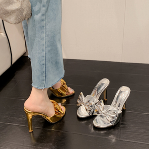 2024 New Fashion All-Match Round <b>Bow</b> Solid Color High Heel <b>Sandals</b> Golden Party Casual Summer Mesh - Product Image 4