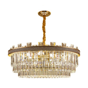 Lustre en cristal doré avec source lumineuse LED, culot E26, en acier inoxydable, télécommande pour salon, AC 220V, intensité variable, haute luminosité - Product Image 1