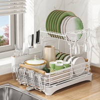 Estante de cocina de 2 niveles de acero inoxidable para platos, escurridor de platos, soporte para jabón con drenaje, organizador de almacenamiento