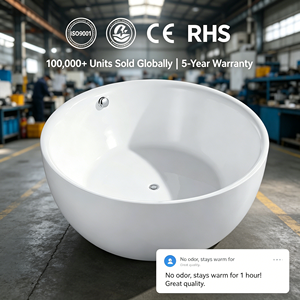 Vasca <span class=keywords><strong>da</strong></span> Bagno Rotonda Freestanding Classica Profonda <span class=keywords><strong>in</strong></span> Acrilico Bianco Lucido con Scarico Centrale, Senza Troppopieno, per Progetti Alberghieri - Product Image 4