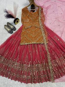 Abito Patiyala Salwar Kameez in stile Bollywood di tendenza, da donna, firmato, in finto Georgette, con ricami elaborati, Kurta Lehenga per feste, ad asciugatura rapida - Product Image 4