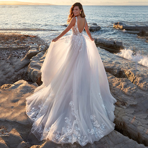 Wedding Dress A-Line V-Neck Lace White Natural Waistline Simple Style Forest Elegant Slimming - Product Image 3