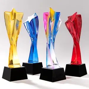 Souvenir Gift Custom Crystal Glass Trophy With Metal Star Glass Trophy Awards