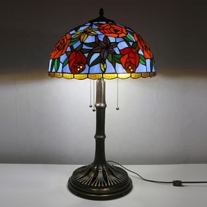 LongHuiJing 16Inch Tiffany Style <b>Rose</b> Stained Glass Lampshade Table Lamps Antique Bronze 3-<b>light</b> With Brown Copper Base - Product Image 1