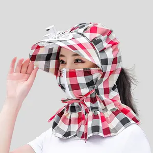 Plaid Style Rechargeable Powered Cooling Fan Fishing Hat For Women Face Neck Cover Protect Outdoor Sun Hat With A Fan