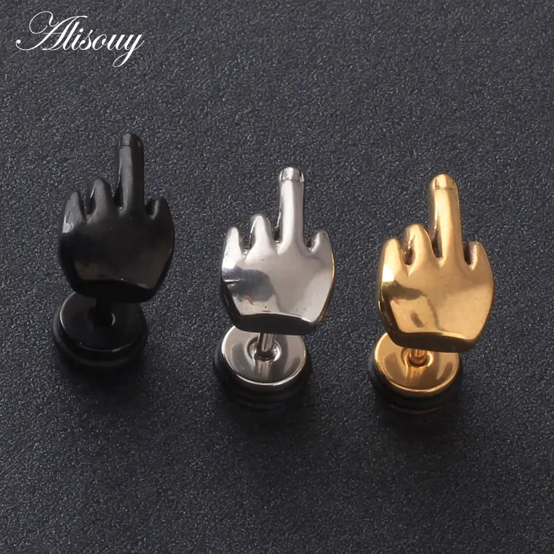 Mode-Rock 2-teilig Mittelfinger-Form Herren-Ohrringe Sommerstil durchbohrter Edelstahl-Schmuck Stiftschmuck für Herren