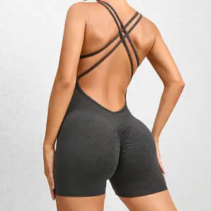 Custom Logo Sexy Hollow Back Push Up Women Sport Onesie Beauty Back Shorts Bodysuit Quick Drying Breathable Yoga Jumpsuit