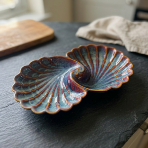 Ensemble de plateaux en céramique en forme de coquille à motif végétal vintage, finition émail craquelé, forme irrégulière, passe au lave-vaisselle, durable - Product Image 1