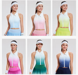 ガールズゴルフドレス ノースリーブ パッド入りポロカラーテニスシャツ ジッパー付き グラデーションプリーツスカート バドミントンウェア - Product Image 3