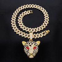 Chaîne cubaine unisexe tendance style punk cool hip-hop européen et américain, avec pendentif tête de léopard imposant et dominant en diamant, en alliage doré