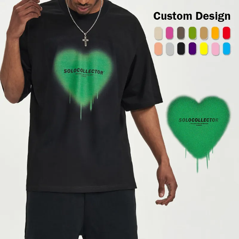 Camiseta de verão de manga curta para homens, camiseta 100% algodão com estampa de coração e logotipo personalizado, moda de rua OEM