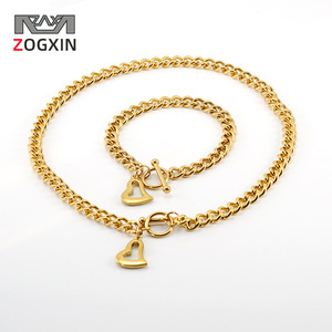 Zogxin Cuban Chain Necklace And <b>Bracelet</b> <b>Set</b> 18K Gold Heart Pendant Stainless Steel OT Clasp For Women Party Jewelry - Product Image 1