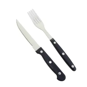 Juego de cuchillos dentados de acero inoxidable, cuchillo y tenedor con mango de PP para cocina, Camping y restaurante