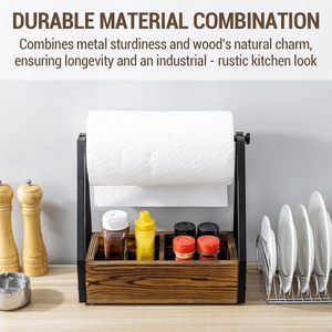 Wooden <b>Kitchen</b> <b>Paper</b> Towel And Condiment Storage Rack With Iron Bracket For Sauce Bottle Organizer Countertop Multi Function - Product Image 5