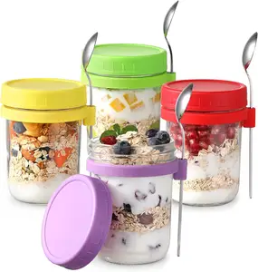 Portátil 12oz Overnight Oats Frascos com Tampa e Colher Oatmeal Container vidro com marcas de medição