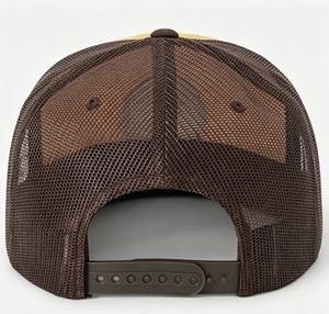 Custom Yellow Dark Brown Two Tone 6 Panel Trucker Cap Debossed Leather Patch Logo <b>Flat</b> Brim Plastic Snapback Trucker <b>Hat</b> - Product Image 4