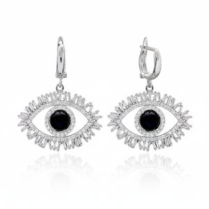 Eye Baguette <b>Black</b> Zircon CZ Handmade Sterling Silver Handcrafted Rhodium Plated <b>Dangle</b> <b>Earring</b> - Product Image 2