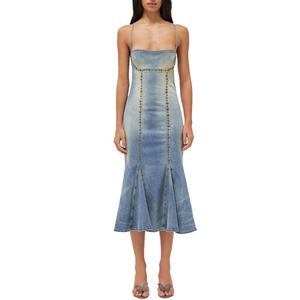 เดรสยีนส์สไตล์วินเทจ YK2 แบบไม่มีแขน ความยาวปานกลาง พร้อมงานปักและหมุดตกแต่ง ล้างสีแบบโอลด์วอช สำหรับผู้หญิง - Product Image 3