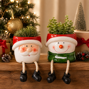 Pot suspendu de Noël en porcelaine, Père Noël et Bonhomme de neige, support rustique pour plantes succulentes avec jambes tombantes, décoration de fêtes pour centre commercial - Product Image 3
