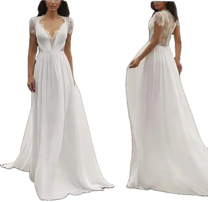 Mới Tùy Chỉnh Cô Gái Wedding Bridal Sexy Sâu V Evening Dress Phụ Nữ Đảng Dài Thanh Lịch Sheer Ren Voan Nút Lady Prom Dress