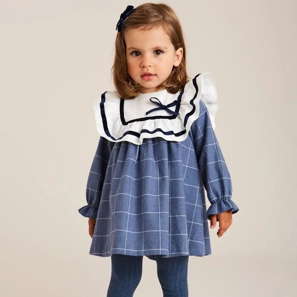 Spanish Children Dresses Toddler Girl Long Sleeve Plaid Cotton Dress Ruffle Collar Baby Spain Frocks Christmas Plaid Clothes