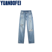 Jean déchiré taille haute moulant pour femme Yuanbofei, style Y2K, coupe droite, délavé, décontracté, pour l'été