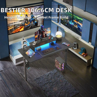 Bureau de jeu en acier à hauteur réglable avec support d'écran LED, porte-gobelet et crochets pour casque, poste de travail informatique pour salle de jeu
