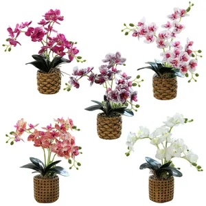 Lorenda-maceta de flores falsas PHDL04, maceta de cemento dorado de imitación para decoración de bonsái, mariposa blanca de seda, orquídeas artificiales