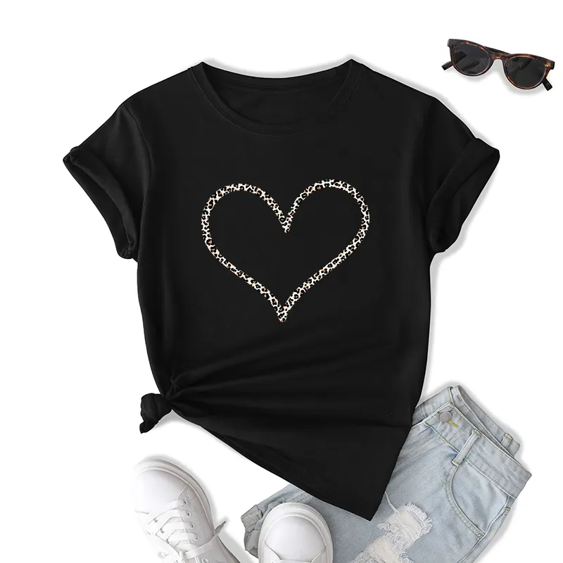 Fornecedor Amazon ebay camisetas femininas sexy estilo conciso com estampa de coração de leopardo camisetas gráficas de algodão casual verão para mulheres