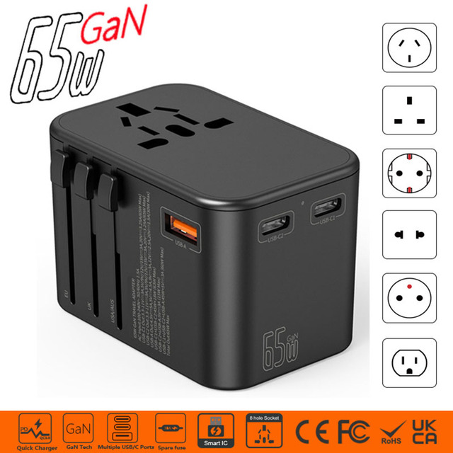 Bewin Travel Charger GaN PD65W Worldwide Travel Adapter Portable USB USB-C Charger for 150 Countries with UK US EU AU Plug