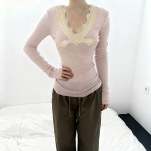 Blusa de Mujer con Cuello en V, Encaje, Ajustada, Tejida, Transpirable, Manga Larga, Estilo Y2K - Product Image 5