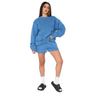 Conjunto de 2 piezas de pantalones cortos de lana azul para mujer, cuello redondo, manga larga, corte holgado, informal, para primavera y verano - Product Image 1