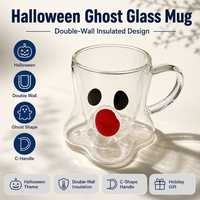 Taza de Vidrio de Doble Pared Aislada de 440 ml con Asa en Forma de C, Diseño de Cara Impresa, Base Ondulada, para Café, Té, Regalo de Halloween, con Diseño de Fantasma
