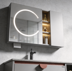 ตู้ห้องน้ำแบบแขวนผนังสีเทาแบบมินิมอลพร้อมกระจก LED ในตัว ชั้นวางแบบเปิด อ่างล้างหน้าแบบฝัง และช่องเก็บของแบบแบ่งส่วน - Product Image 3
