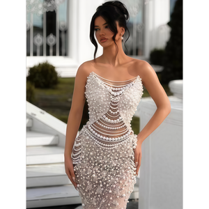 فستان سهرة أنيق وفخم بطول الأرض، مقاس كبير، خصر طبيعي، بدون حمالات، تصميم حورية البحر، فستان زفاف نسائي طويل - Product Image 3