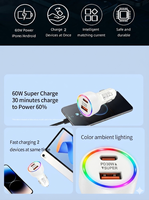 Chargeur de voiture super rapide QC30W PD30W 2 ports USB A Type C noir blanc avec lumière LED et logo personnalisé, fabrication en usine
