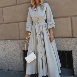 Vestido Camisero Maxi de Lino y Algodón con Cuello Camisero y Cintura Alta, Manga Tres Cuartos, Corte Holgado, Color Sólido, para Uso Diario Informal - Product Image 3