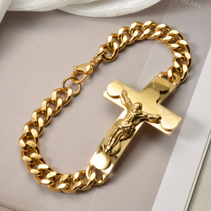 Bracelets unisexes en or véritable plaqué or, style cubain épais, avec crucifix sculpté de luxe, vente en gros directe usine - Product Image 1