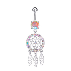Anello per <span class=keywords><strong>ombelico</strong></span> Dreamcatcher - <span class=keywords><strong>Piercing</strong></span> <span class=keywords><strong>all</strong></span>'<span class=keywords><strong>ombelico</strong></span> in acciaio inossidabile placcato <span class=keywords><strong>argento</strong></span> stile punk con cristallo rosa CZ e piuma, regalo di nozze - Product Image 4